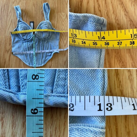 PrettyLittleThing Light Blue Wash Denim Corset Top Size 0 Bustier Dip Hem Y2K - Picture 7 of 9
